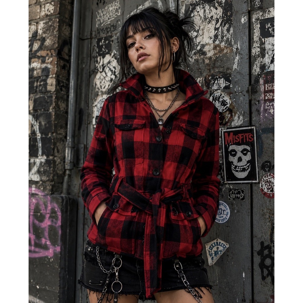 Vintage Bongo Women's sz M Red Black Plaid Belted Gothic Grunge Punk Y2K